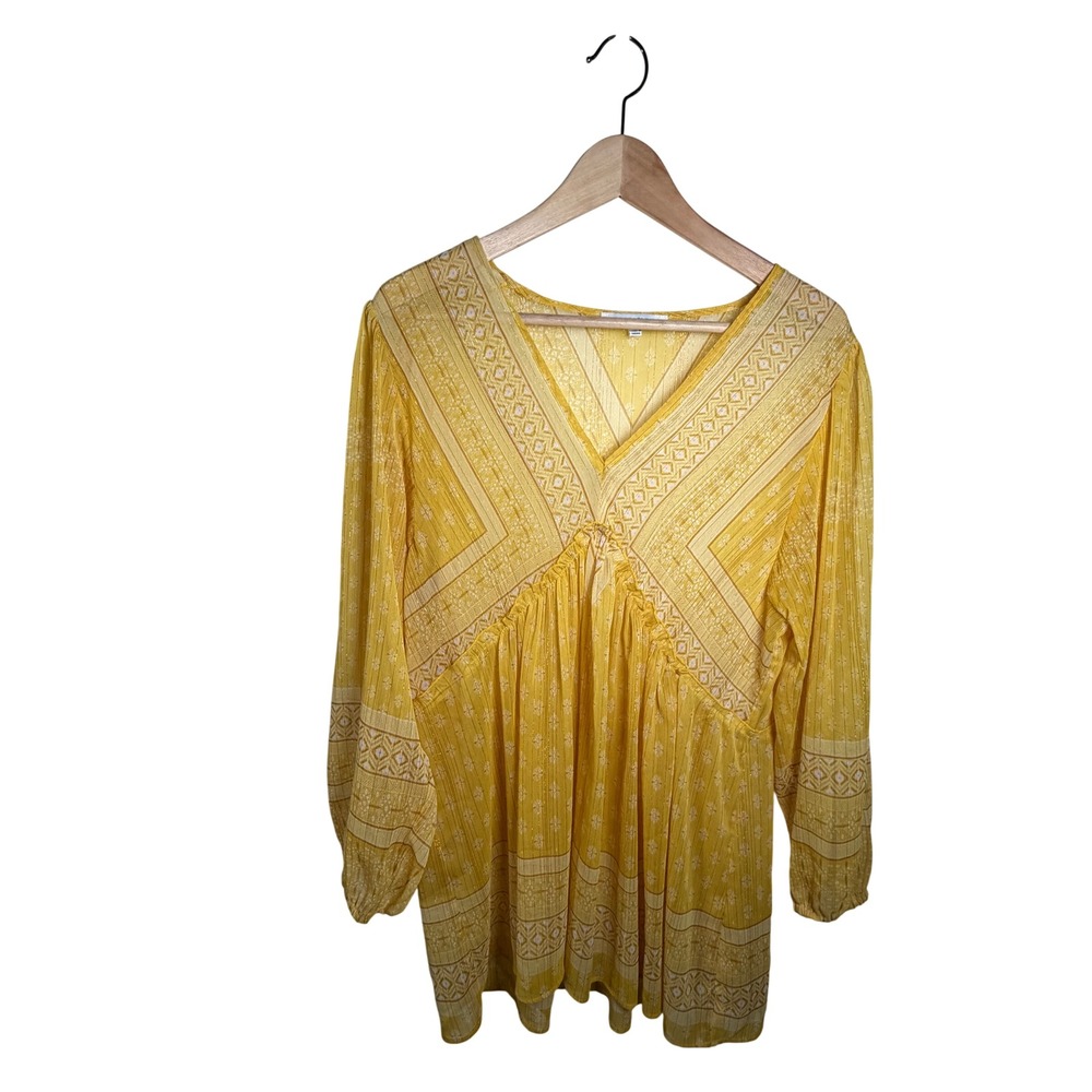 Rose + Olive Yellow Metallic Stripe Boho Peasant Tunic Blouse M